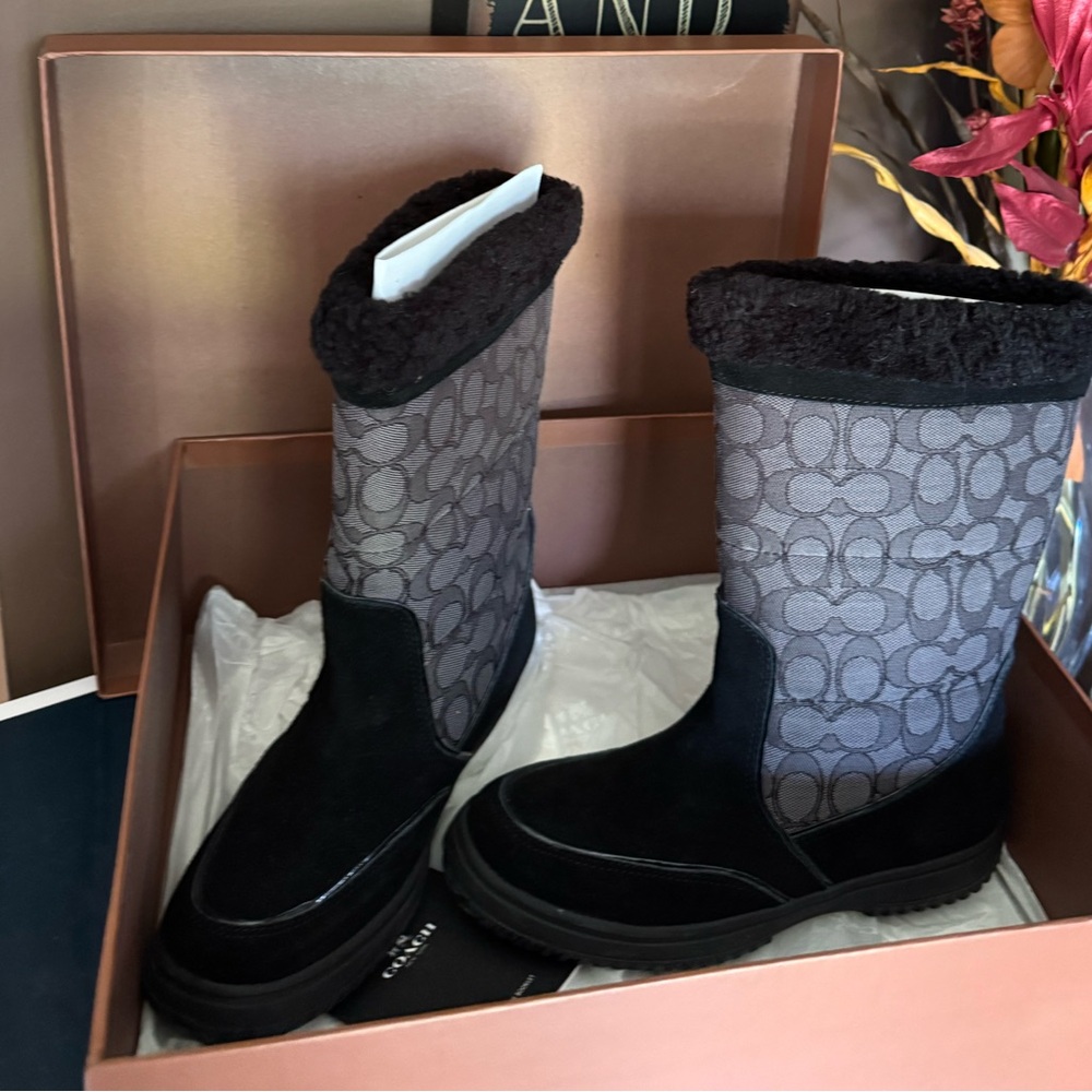 Coach Black and Gray Winter Boots with Signature Pattern